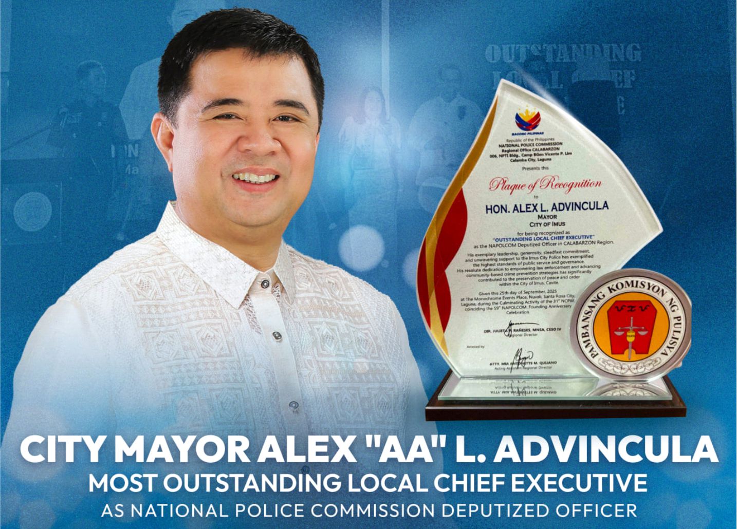 Mayor Alex Advincula, pinarangalan ng NAPOLCOM bilang Most Outstanding Local Chief Executive